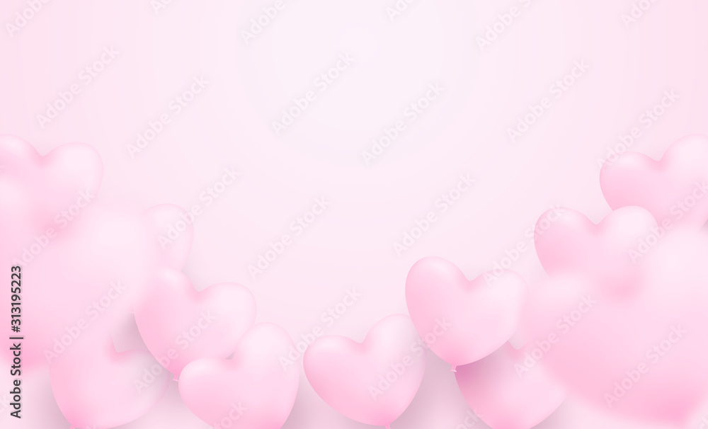 Happy Valentine's day background. Design with pink heart balloons on pink background. Vector.