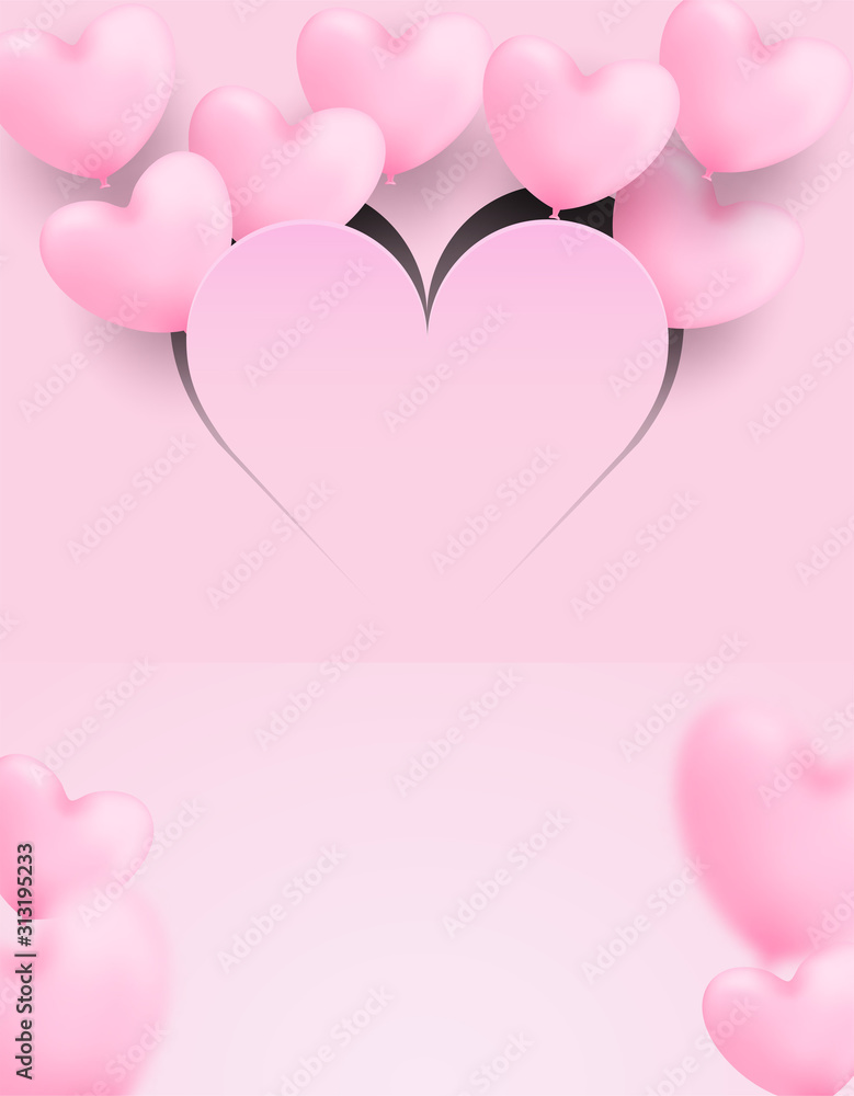 Happy Valentine day background. Design with pink heart balloons flying outside the paper art heart on pink background. Vector. Happy Valentine day background. Design with pink heart balloons flying outside the paper art heart on pink background. Vector.