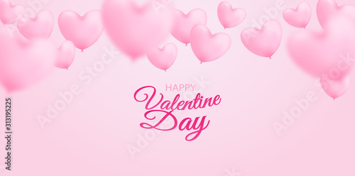 Happy Valentine's day background. Design with pink heart balloons on pink background. Vector. © lim_pix