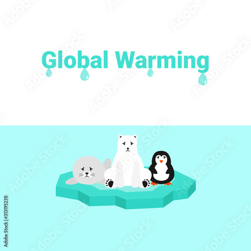 Global warming problem ecology. Sad scared animals on ice block, icy cliff or iceberg in the ocean. Flat vector cartoon illustration penguin, polar bear and fur seal.
