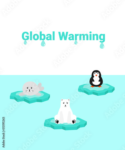 Fototapeta Naklejka Na Ścianę i Meble -  Global warming problem ecology. Sad scared animals on ice block, icy cliff or iceberg in the ocean. Flat vector cartoon illustration penguin, polar bear and fur seal.