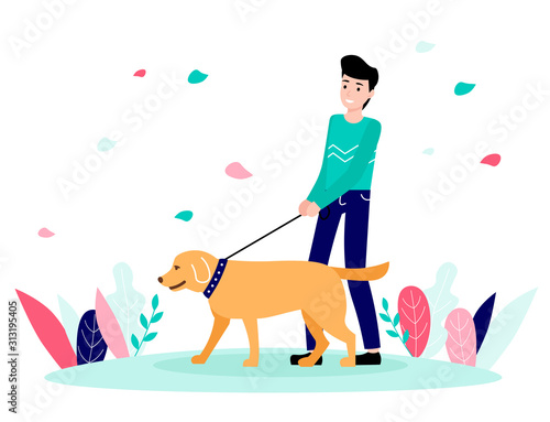 Happy young man walking with a dog. Flat vector modern illustration.