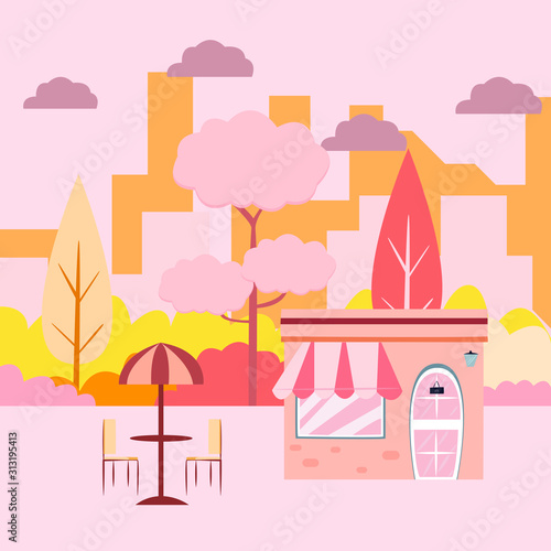 illustration pink city design with shop. flat design illustration