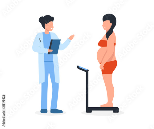 Fat woman stands on floor scales. Woman nutritionist makes diet for plump patient. Flat vector cartoon illustration isolated white background.