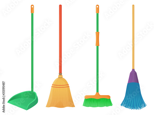Cartoon plastic and wood broom set. A broom sweeps dust and dirt on scoop. Housework, cleaning services, household,concept. Tools for cleaning element isolated white background. Stock vector.