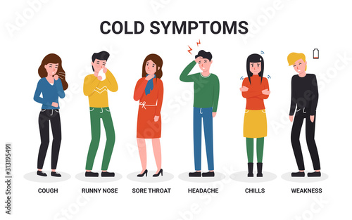 Set sick people have a cold or flu symptoms. Flat vector cartoon characters isolated white background.