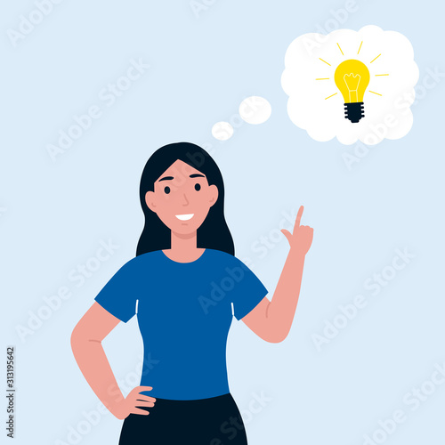 Woman has idea. Female having solution, lightbulb idea  creative thinking concept. solved question. Flat vector cartoon illustration. 