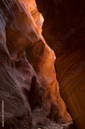 Warm sunlight reflects off of the narrow canyon walls of Wire Pass in southern Utah.