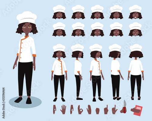 Chef character with various views, face emotions, poses and gestures. Cartoon style, flat vector illustration.