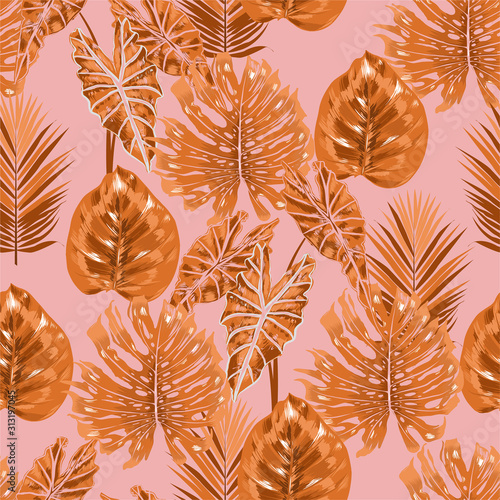 Sweet retro creative tropical seamless pattern on pink background. Botanical leaves design for fashion ,fabric, wallpaper,wrapping ,textile print, and all prints.