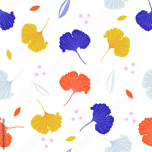 Trendy colorful Vector hand drawn Illustration vertical ginkgo.Seamless pattern in vector. EPS10 ,Design for fashion ,fabric,web,wallpaper,wrapping and all prints