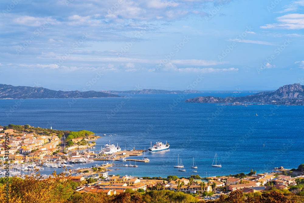 Panorama at La Maddalena in Costa Smeralda at Mediterranean sea in Sardinia island in Italy. Boat in Sardegna in summer.