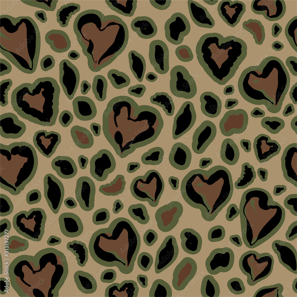 Heart shape from animal leopard skin in military camouflage mood seamless pattern in vector EPS10 ,Design for fashion,fabric,web,wallpaper,and all print