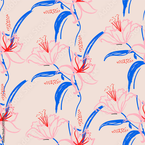 Brush stroke Seamless repeat pattern sweet lilies flowers in light pink background.
