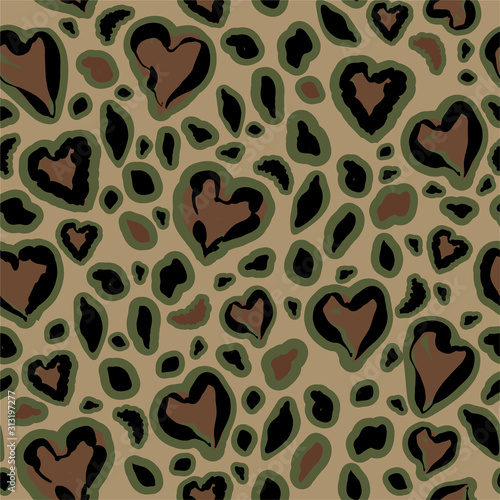 Heart shape from animal leopard skin in military camouflage mood seamless pattern in vector EPS10 ,Design for fashion,fabric,web,wallpaper,and all print