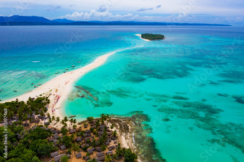 Aerial view of sand bridge between Nosy Iranja and Nosy Kely in Madagascar
