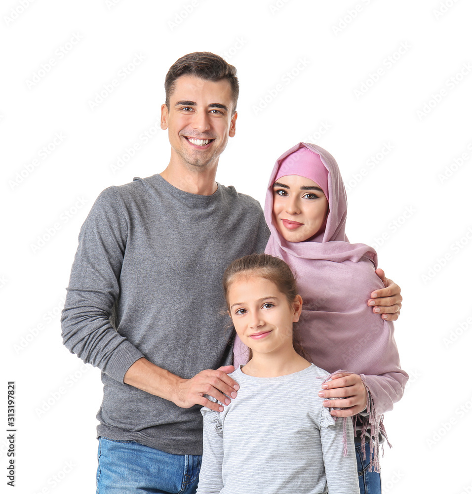 Fototapeta premium Portrait of Muslim family on white background