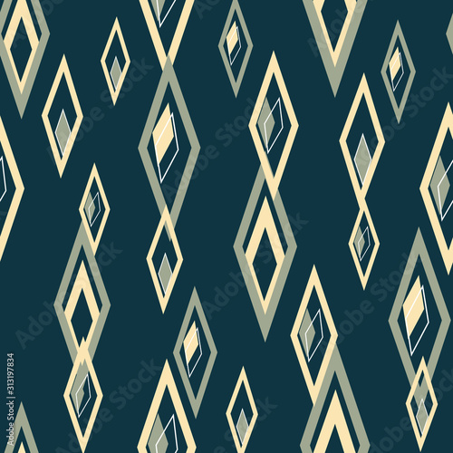 Slightly Off, wonky irregular diamonds in rows, seamless vector repeat blue yellow and green surface pattern design