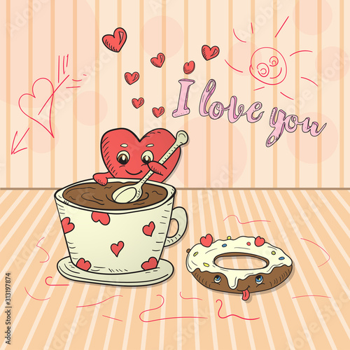 childrens illustration in the style of kawaii Doodle a small heart interferes with a spoon tea with coffee next to a delicious doughnut heart and the inscription I love