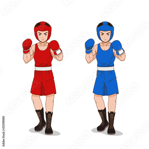Cartoon character of Amateur Boxer in red and blue sportswear.