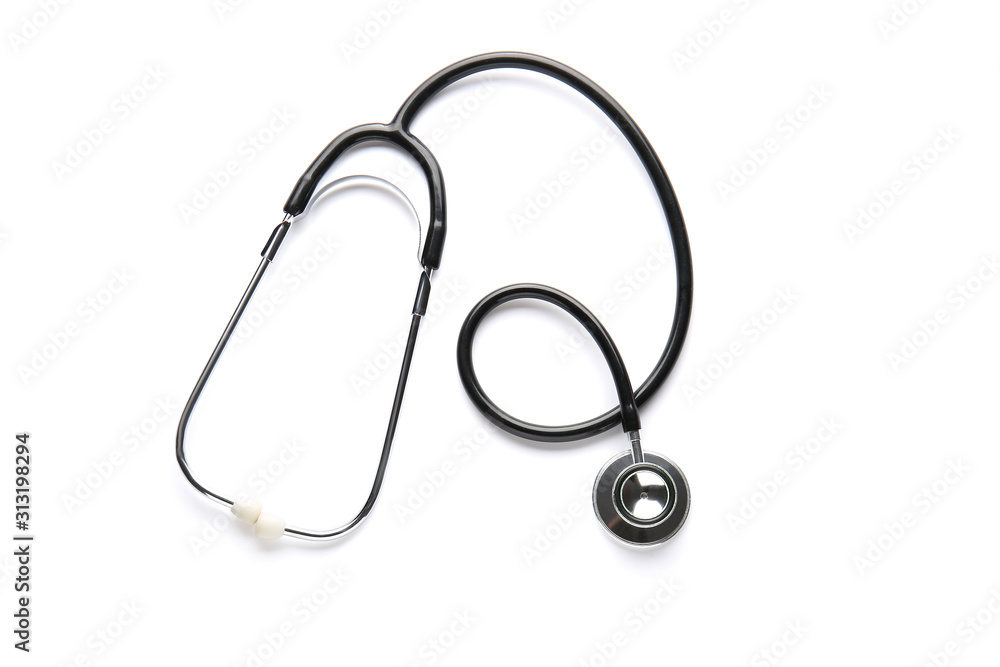 Modern stethoscope on white background