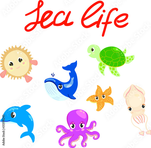 Vector set of sea life . Cartoon  animals characters isolated on white background. Concept for logo  icon  print  stickers 