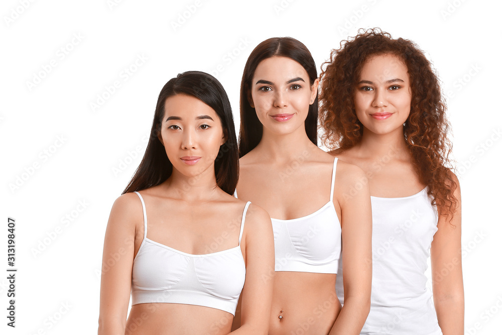 Beautiful young women with healthy skin on white background Beautiful young women with healthy skin on white background