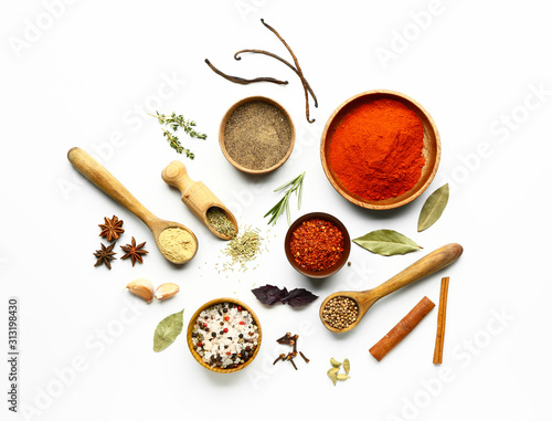 Fototapeta Naklejka Na Ścianę i Meble -  Many different spices on white background