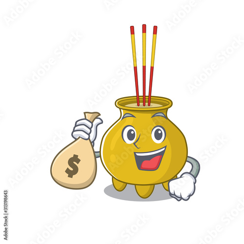 Happy rich chinese incense cartoon character with money bag photo