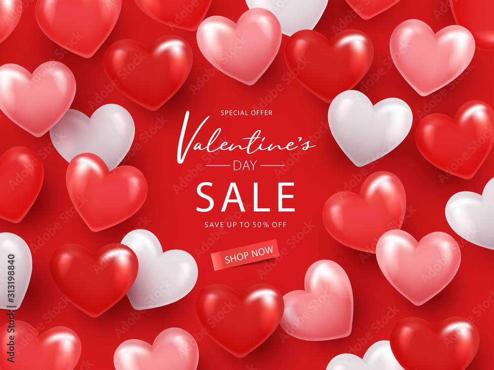 Happy Valentine's Day sale banner. Holiday background with frame made of realistic 3d hearts red, pink and white colors. Poster, flyer, greeting card, header for website, social media. Place for text