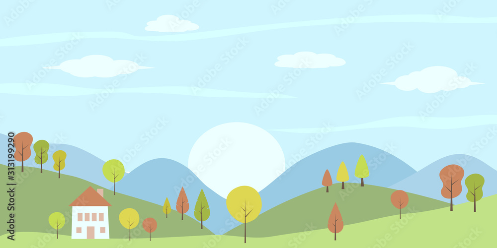 Panorama view of house on hill countryside landscape. Vector summer or spring landscape with trees, mountains and house.