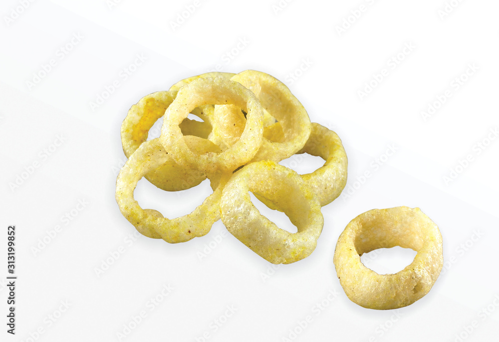 Fried Spicy, Salty and tasty fried corn rings Snacks or Fryums (Snacks Pellets) Salty Mini Ring Snack, white background, selective focus - Image Fried Spicy, Salty and tasty fried corn rings Snacks or Fryums (Snacks Pellets) Salty Mini Ring Snack, white background, selective focus - Image