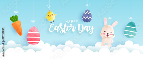 Easter day banner with cute chickens , rabbit and Easter eggs in water color style .