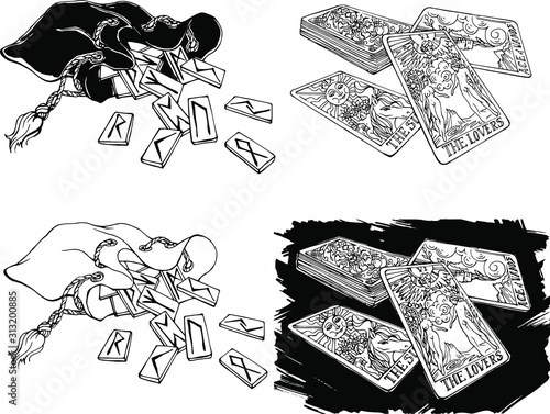 Vector set: tarot cards and runes. Hand drawn , linear , black and white. Monochrome design . Elements isolated on white.