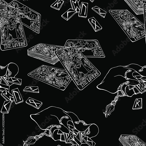 Vector seamless pattern with tarot cards and runes. Hand drawn , linear , black and white. Monochrome design for textile , fabric, wrapping paper.