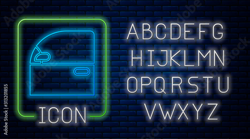 Glowing neon Car door icon isolated on brick wall background. Neon light alphabet. Vector Illustration