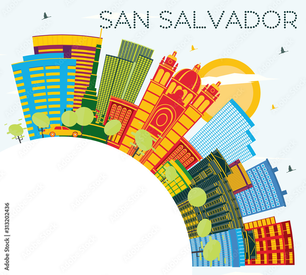 San Salvador City Skyline with Color Buildings, Blue Sky and Copy Space.