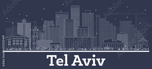 Outline Tel Aviv Israel City Skyline with White Buildings.