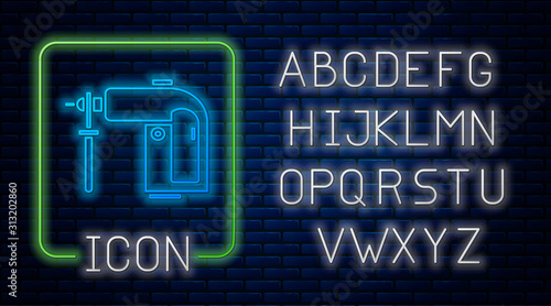 Glowing neon Electric rotary hammer drill machine icon isolated on brick wall background. Working tool for construction, finishing, repair work. Neon light alphabet. Vector Illustration