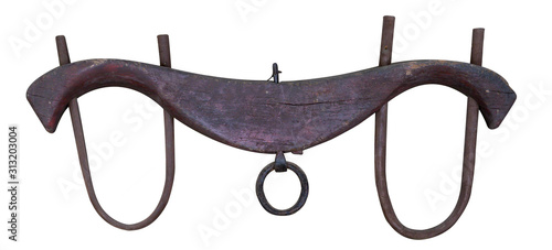 An old-fashioned wooden bow yoke for a team of oxen isolated on a white background