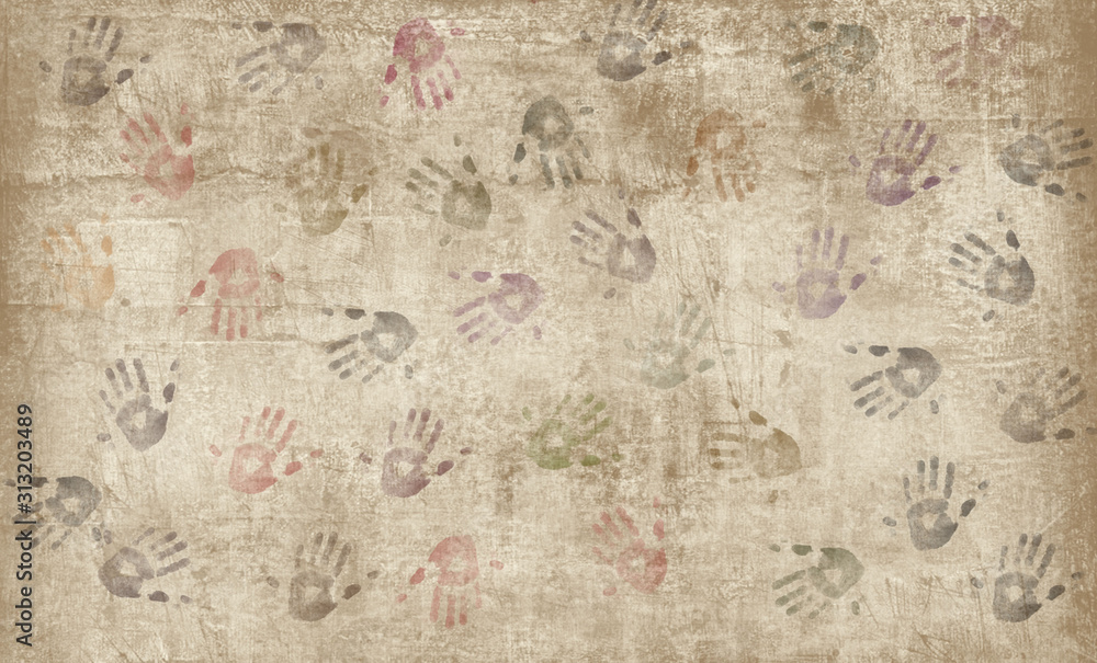 Hand prints on the wall in different colors