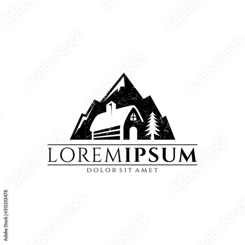 Cabin mountain logo, wooden house logo with pine tree and mountain view. outdoor camping and travel vector logo. countryside icon
