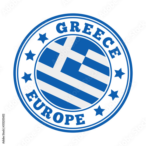 Greece sign with national flag in a round logo, symbolizing travel and heritage.