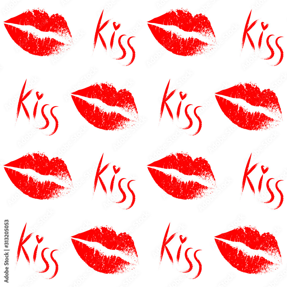 Red lips print with kiss lettering seamless backround. Red lips print with kiss lettering seamless backround.