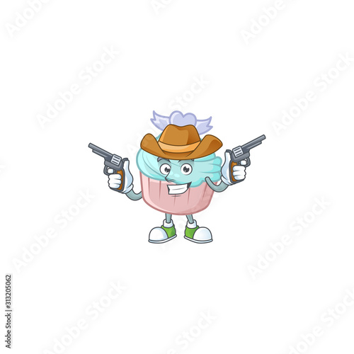 Confident vanilla blue love cupcake Cowboy cartoon character holding guns