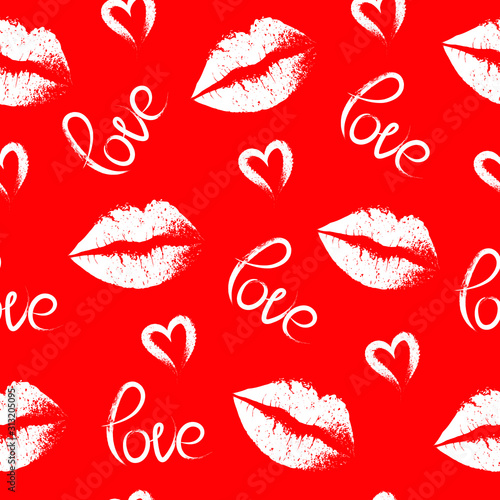 lips print with love lettering seamless backround.