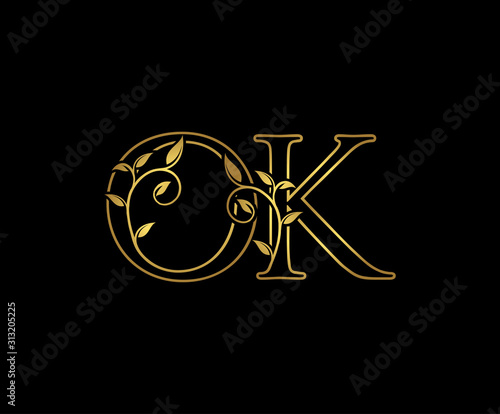 Golden O, K and OK Luxury Logo Icon, Classy Letter Logo Design.