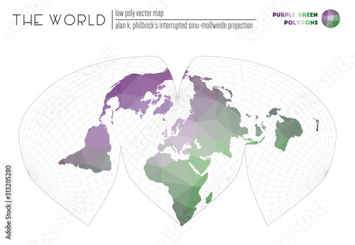 Triangular mesh of the world. Alan K. Philbrick s interrupted sinu-Mollweide projection of the world. Purple Green colored polygons. Stylish vector illustration.