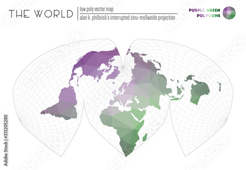 Triangular mesh of the world. Alan K. Philbrick's interrupted sinu-Mollweide projection of the world. Purple and green colored polygons. Stylish vector illustration.