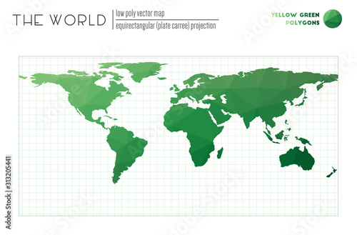 Abstract world map. Equirectangular  plate carree  projection of the world. Yellow Green colored polygons. Awesome vector illustration.